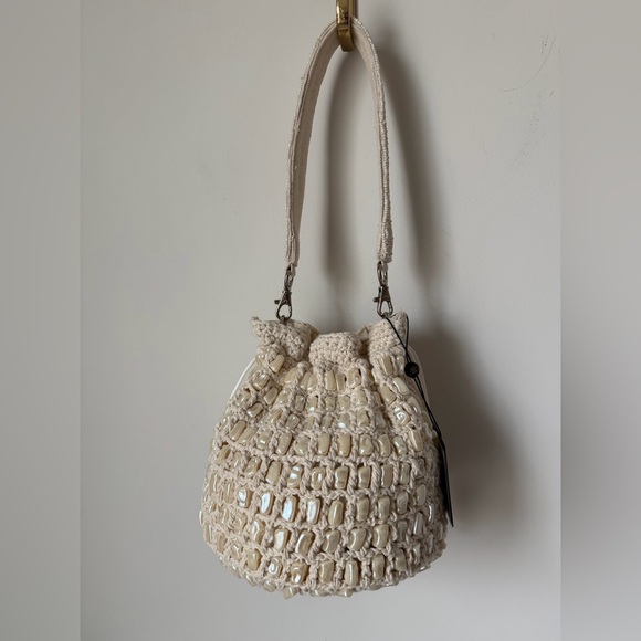America & Beyond Handbags - Viral Beaded Shell Cream drawstring bucket bag
